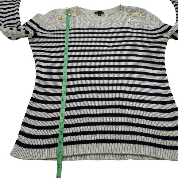 TALBOTS Gray Navy Blue Stripe Button Shoulder Pullover Sweater Size Medium Women - Picture 10 of 11